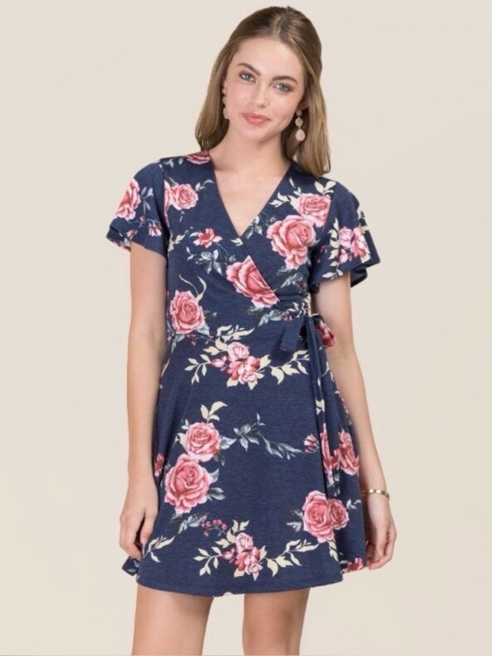 Francesca’s Alya Wrap Dress Navy Blue Floral Size M